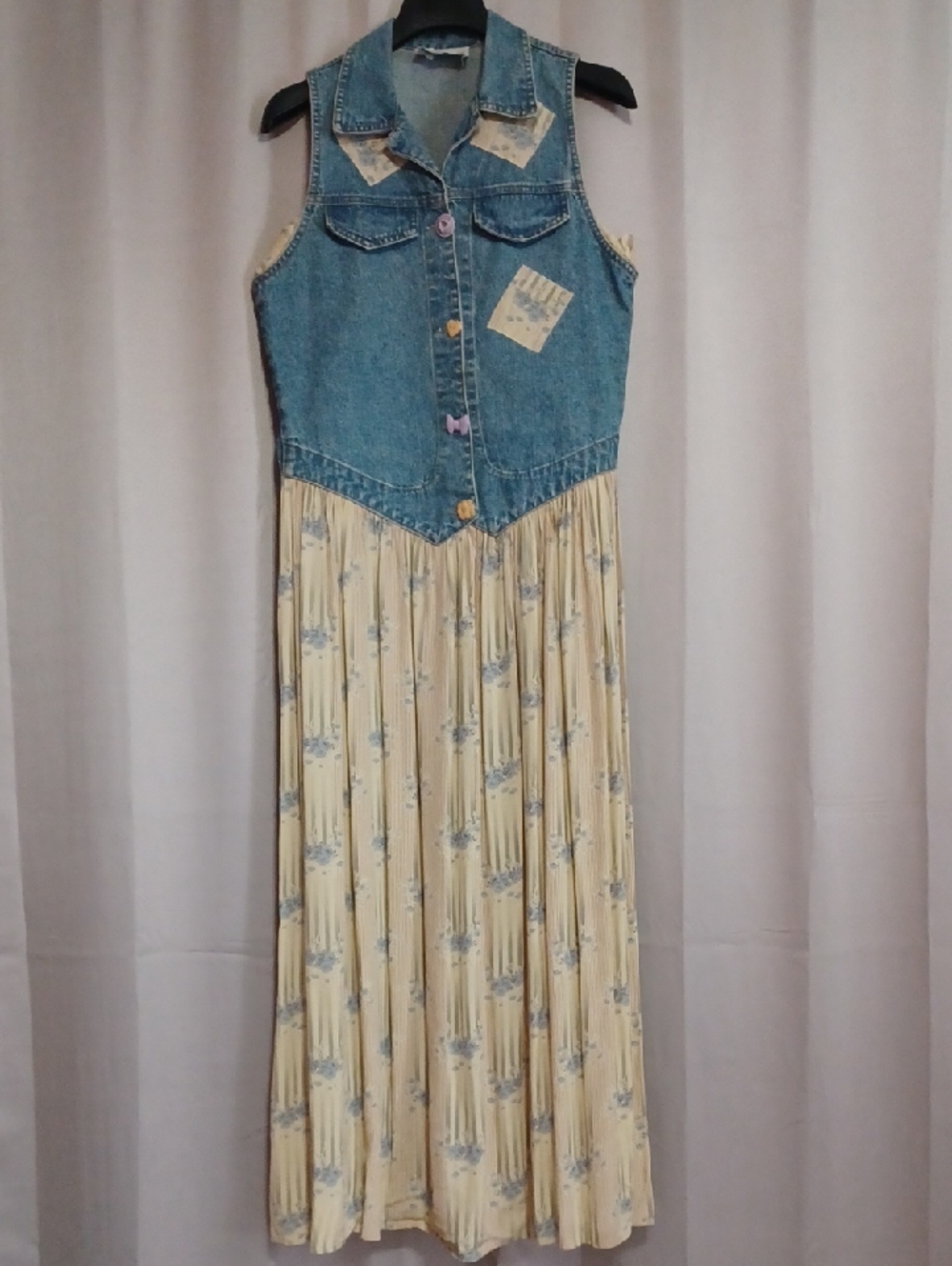 Vintage Marcia's Rainbow Denim Bodice Prairie Dress Floral Skirt Cottage Western